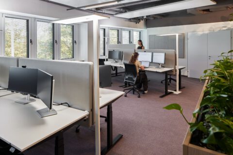 Höhenverstellbare Arbeitsplätze mit Stehleuchten und Akustikpaneelen, ergänzt durch Stehtische und Begrünung für eine flexible Arbeitsumgebung.