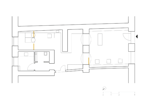 Architektonischer Grundriss eines Friseursalons mit klarer Raumaufteilung, Stylingplätzen, Waschbereich und funktionaler Zonierung.