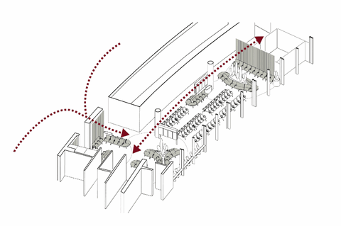Axonometrische Darstellung der Besucherwartezone Pier Ost am Flughafen Wien mit markierter Wegeführung und Zonierung von Sitzbereichen.