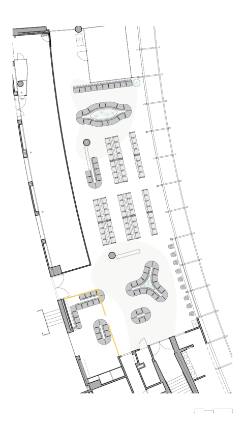 Architektonischer Grundriss der Besucherwartezone im Pier Ost des Flughafens Wien mit Sitzinseln, Wartezonen und klarer Raumorganisation.