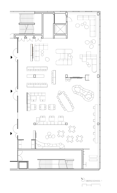 Architektonischer Grundriss des Aufenthaltsraums im Flughafen Wien mit klarer Zonierung in Sport-, Ess- und Ruhebereich für das Handling Center West.
