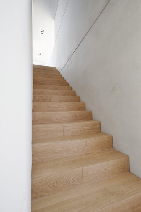 Schlichte Holztreppe mit weißen Wänden und Sichtbeton. Minimalistische Innenarchitektur mit klaren Linien und natürlicher Materialität.