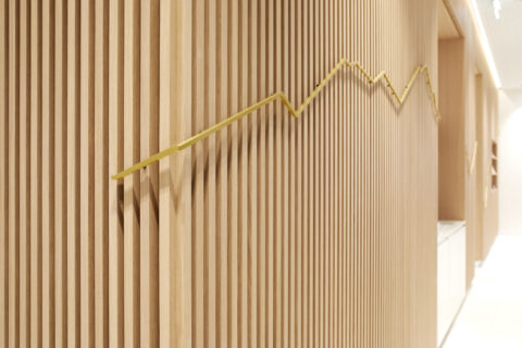 Detailaufnahme einer Holzlamellenwand mit goldener Liniengrafik der Tiroler Bergkette – architektonisches Gestaltungselement für HYPO Tirol.