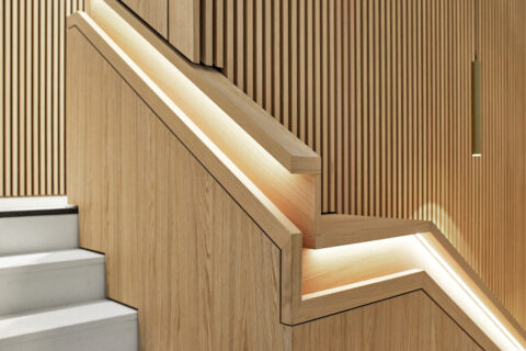 Detail einer modernen Treppe mit Holzhandlauf und integrierter LED-Beleuchtung, kombiniert mit vertikaler Lamellenwand.