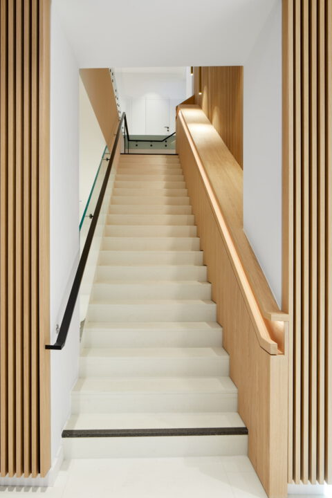Moderne Treppenanlage mit Holzverkleidung, integrierter Beleuchtung und klarer Linienführung – minimalistisches Architekturelement im Innenraum.