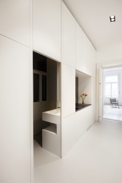 Detailansicht der in das Trennmöbel integrierten Küchennische mit Waschbecken.