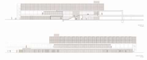 Architekturzeichnung eines Sportzentrums mit Schnittdarstellung und Westansicht. Mehrgeschossiger Bau mit klar gegliederten Fassadenflächen.