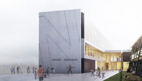 Modernes Sportzentrum mit Betonfassade, großer Schrift „SPORT.ZENTRUM“, offenen Glasfronten und Menschen, die Sport treiben und sich treffen.