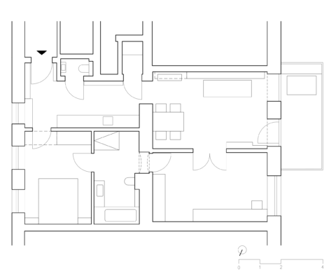 Grundriss einer Wohnung mit klarer Raumaufteilung in Wohn-, Schlaf- und Nassbereiche.