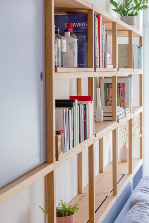 Maßgefertigtes Holzregal mit blauen Elementen, kombiniert Stauraum und offene Fächer – modernes, minimalistisches Design für Wohnräume.