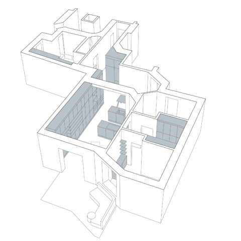 Axonometrische Darstellung einer Wohnung mit eingezeichneten maßgefertigten Einbaumöbeln, darunter Regale, Küchenmöbel und Stauraumelemente.