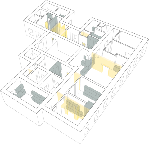 Axonometrische Darstellung eines Grundrisses mit markierten Abbruchbereichen in Gelb und bestehenden Einbaumöbeln wie Regalen und Schränken in Grau.