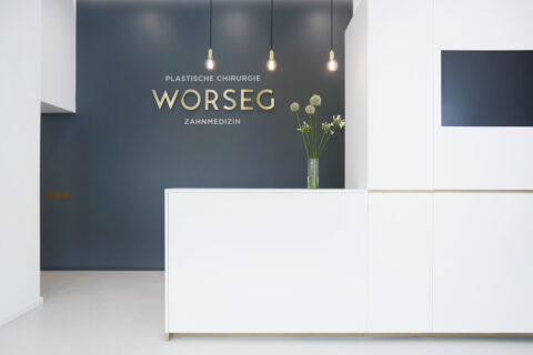 Empfangsbereich der Zahnklinik mit weißem Tresen, Vase mit Blumen und dunkelgrauer Wand im Hintergrund mit goldener Aufschrift „WORSEG“.